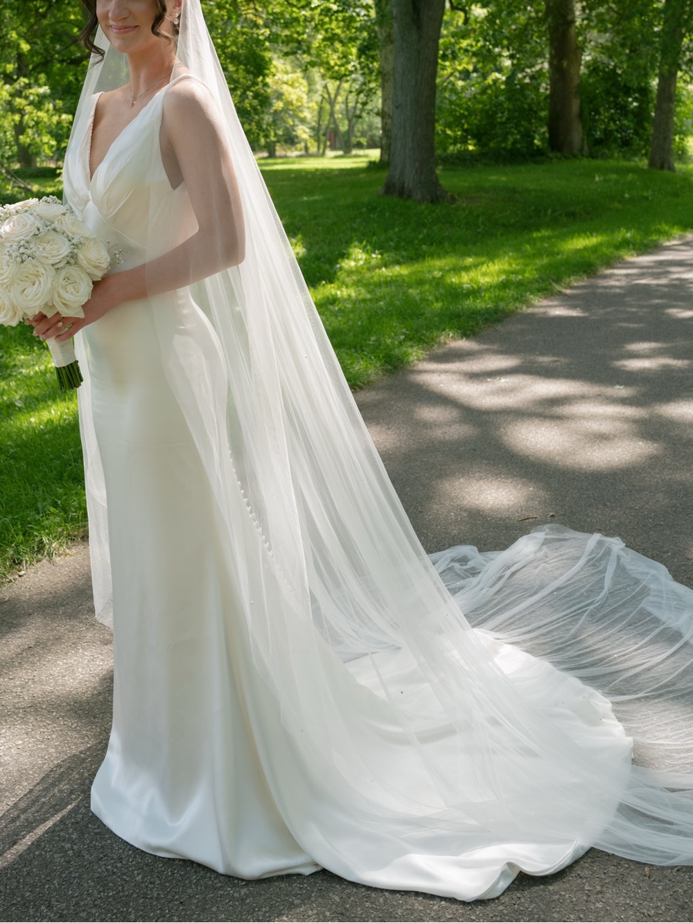 Satin Ivory Wedding Dress with Low Back and Deep V-neck, size 6-8 (Chic Bridal)